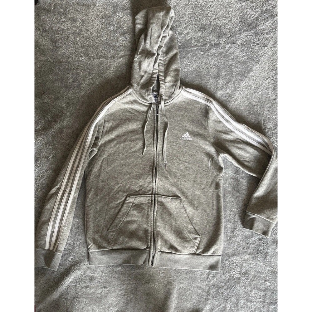 Adidas Women's 3-Stripes Full-Zip Fleece Grey/White Hoodie Sz Large
